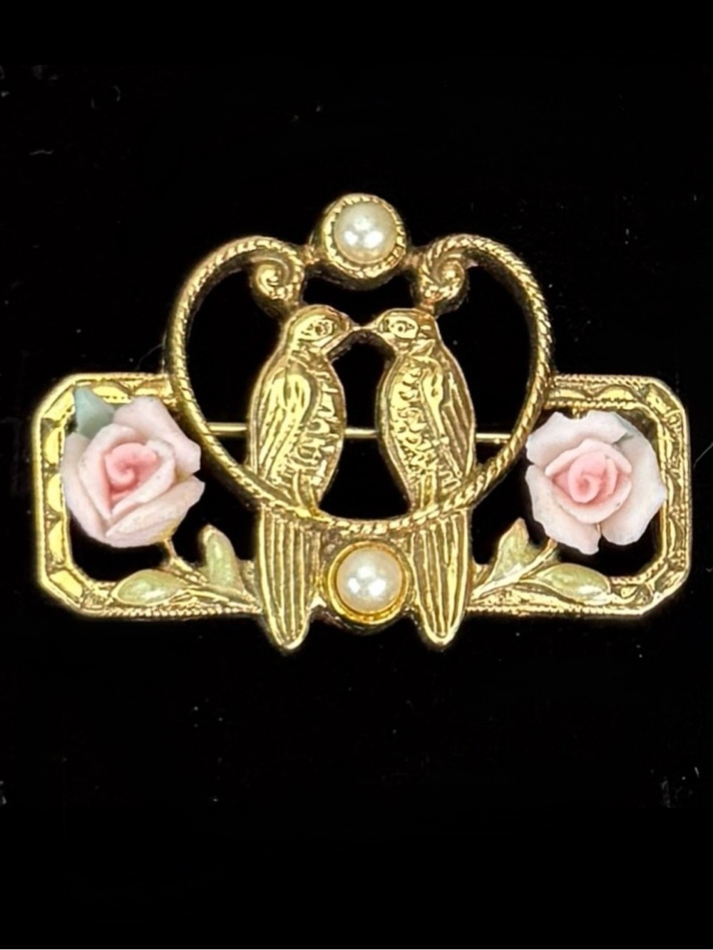 Vintage Aged Goldtone and Pink Flower Love Doves Birds Brooch with Faux Pearls